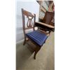 Image 6 : Vintage Lyre-Back Gossip Bench with Blue Striped Upholstered Seat and Side Table