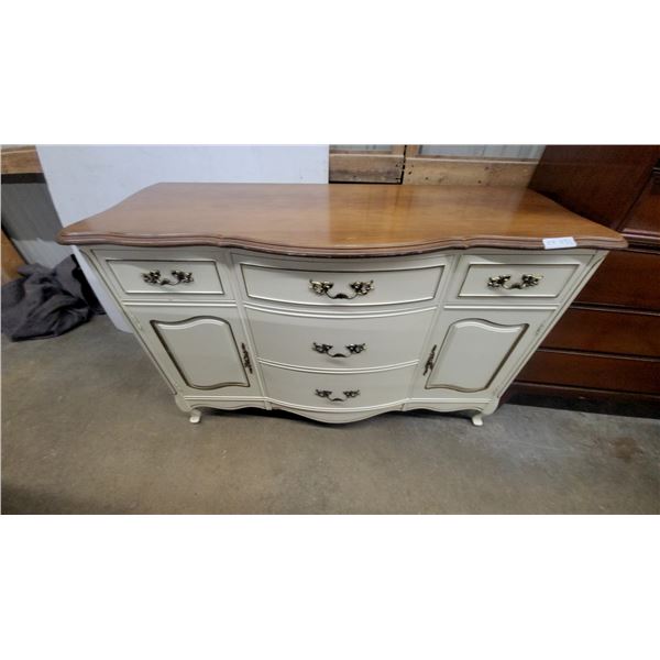 French Provincial Style Dresser with Serpentine Wood Top, Painted Finish, and Brass Hardware