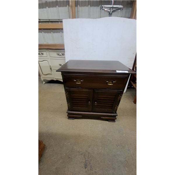 Dark-Stained Wooden Accent Cabinet with Drawer and Louvered Doors28 x 26 x 17"