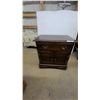 Image 1 : Dark-Stained Wooden Accent Cabinet with Drawer and Louvered Doors28 x 26 x 17"