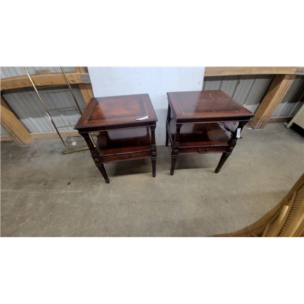 Pair of Regency Revival Mahogany Two-Tier Side Tables with Tooled Leather Tops and Fluted Legs