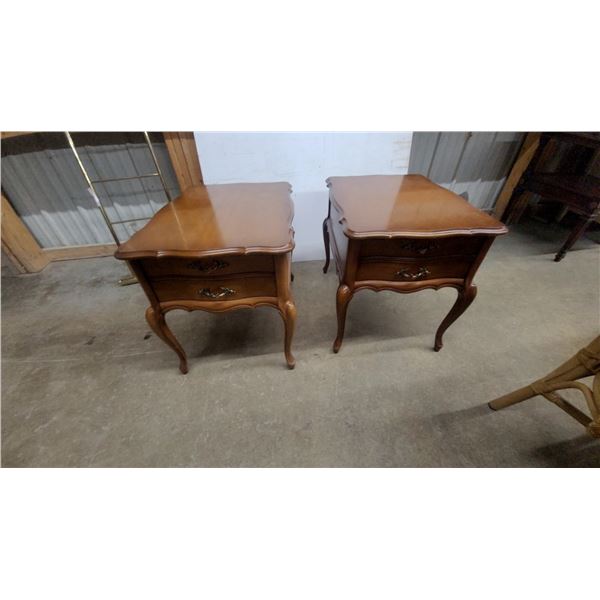 Pair of French Provincial Style Two-Drawer Wooden End Tables with Cabriole Legs 22 x 20 x 28"