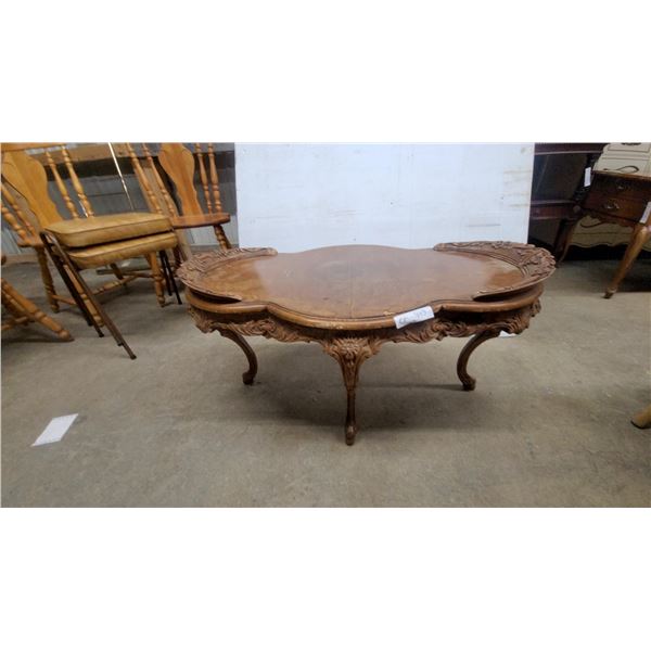Rococo Revival Style Carved Wood Coffee Table with Shaped Top and Cabriole Legs 16 x 36 x 17"