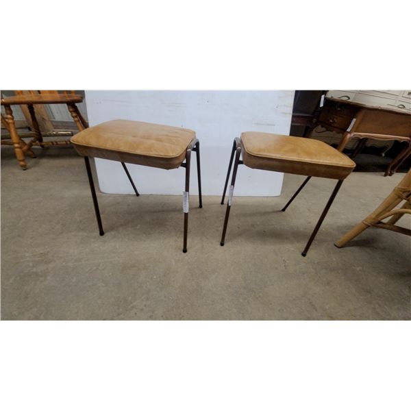 Pair of Vintage Mid-Century Utility Stools with Tan Faux Leather Seats and Metal Legs Stacking