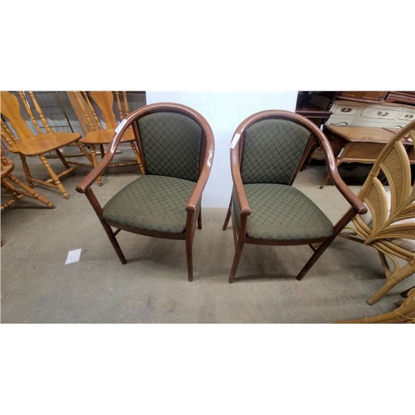 Pair of Mid-Century Modern Curved Wood Armchairs with Green Diamond Pattern Upholstery