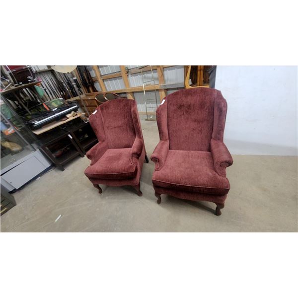 Pair of Classic Wingback Armchairs in Burgundy Ribbed Upholstery