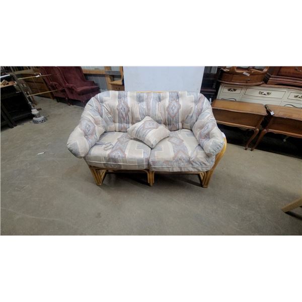 Rattan Two-Seater Loveseat with Southwestern-Pattern Tufted Cushions and Throw Pillow 54"