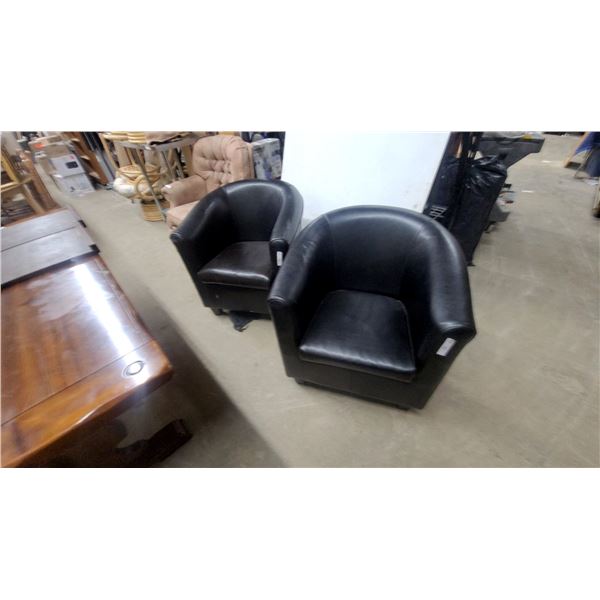 Pair of Black Leather Barrel-Style Armchairs with Removable Seat Cushions
