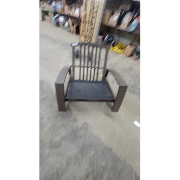 Modern Outdoor Rocking Chair with Metal Frame, Slatted Back, and Sling Mesh Seat Built