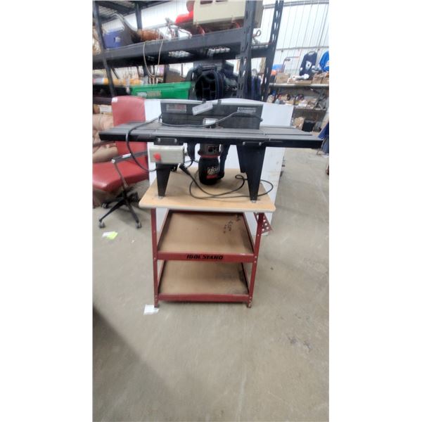 Craftsman Router Table with Job Router and Red Tool Stand on Wheels