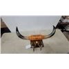 Image 1 : Mounted Steer Horns with Tooled Leather Wrap and Decorative Spurs on Wooden Plaque with Horse Shoe