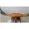 Image 3 : Mounted Steer Horns with Tooled Leather Wrap and Decorative Spurs on Wooden Plaque with Horse Shoe