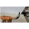 Image 4 : Mounted Steer Horns with Tooled Leather Wrap and Decorative Spurs on Wooden Plaque with Horse Shoe