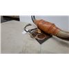 Image 6 : Mounted Steer Horns with Tooled Leather Wrap and Decorative Spurs on Wooden Plaque with Horse Shoe