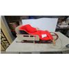 Image 1 : Vintage Wooden Child's Sled with Red Metal Runners and Faux Fur Cushion