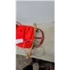 Image 2 : Vintage Wooden Child's Sled with Red Metal Runners and Faux Fur Cushion
