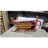 Image 5 : Vintage Wooden Child's Sled with Red Metal Runners and Faux Fur Cushion
