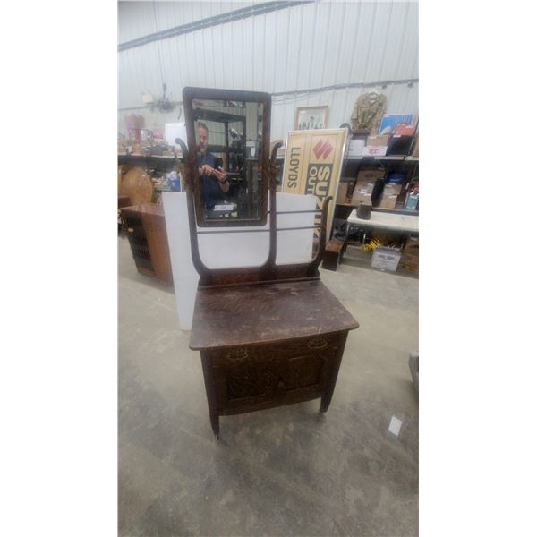 Antique Oak Washstand with Mirror and Towel Rack Cabinet Doors 66 x 30 x 18"