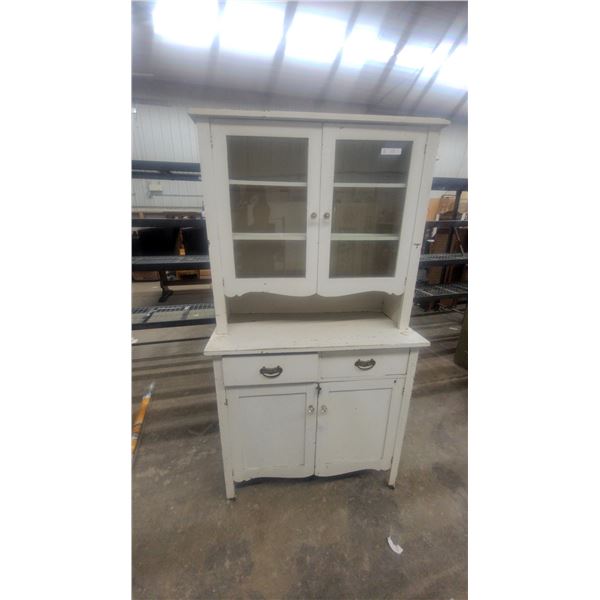 Antique Two-Piece Kitchen Painted Step Back Cabinet, White, Glass-Paned Doors, Two Drawers