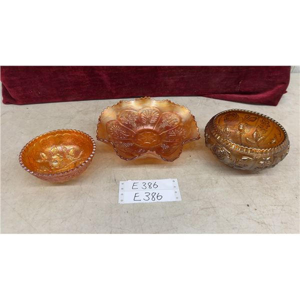 3 Pieces of Marigold Carnival Glass: Dugan Poppy Show, Northwood Grape and Cable, Fenton Rose Show