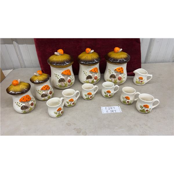 Vintage Ceramic Mushroom Kitchenware Set: Lidded Canisters, Mugs, Creamer