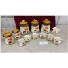 Image 1 : Vintage Ceramic Mushroom Kitchenware Set: Lidded Canisters, Mugs, Creamer
