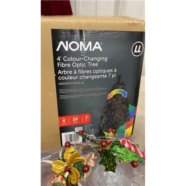 Large Lot of Christmas Decor Including NOMA 4' Colour-Changing Fibre Optic Tree, Ornaments and More