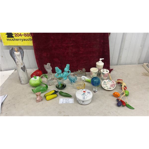 Decorative Glass Vegetables, Bird Figurines, Floral Ceramic Bath Set, Angel Statue and More