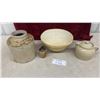 Image 1 : 4 Pieces of Stoneware: Vintage Seaforth 6 Ounce Hairdressing Jug, Mixing Bowl, Crock, and More
