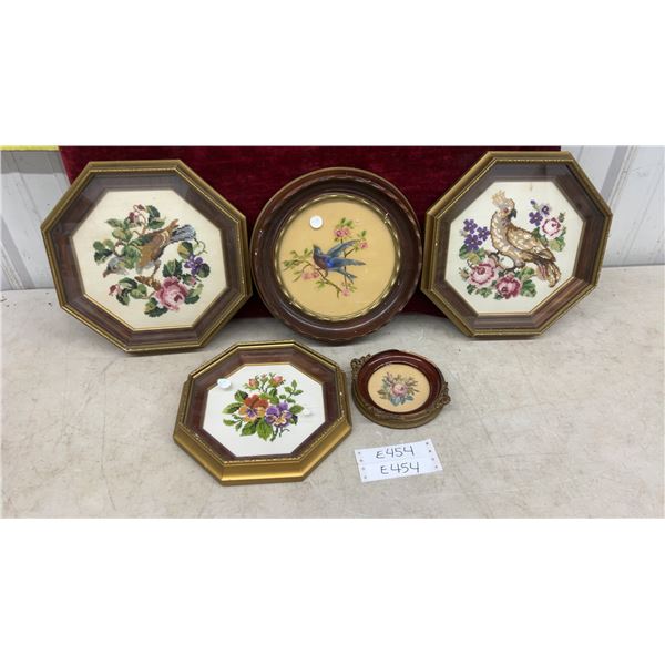 Five Vintage Framed Needlepoint, Cross-Stitch Bird and Floral Artworks