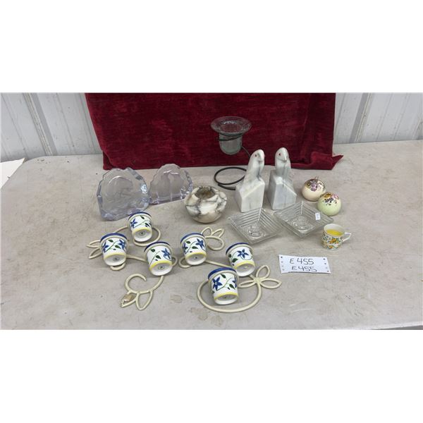 Ceramic Floral Candle Holders, Marble Bird Bookends, Crackle Glass Votive, Marble Vase and More
