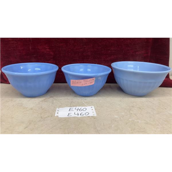 Set of Three Jeannette Delphite Blue Ribbed Mixing Bowls