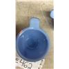 Image 4 : Six Pieces of Vintage Delphite Blue Milk Glass: Four Tab-Handle Measuring Cups, Three Cups