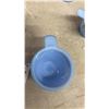 Image 5 : Six Pieces of Vintage Delphite Blue Milk Glass: Four Tab-Handle Measuring Cups, Three Cups