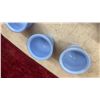 Image 7 : Six Pieces of Vintage Delphite Blue Milk Glass: Four Tab-Handle Measuring Cups, Three Cups
