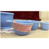 Image 9 : Six Pieces of Vintage Delphite Blue Milk Glass: Four Tab-Handle Measuring Cups, Three Cups