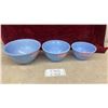 Image 1 : Set of Three Jeannette Glass Delphite Blue Ribbed Nesting Mixing Bowls, Late 1930s