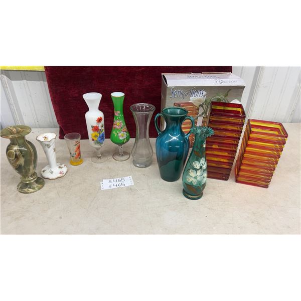 Assorted Decorative Vases: Porcelain, Glass, and Hand-Painted Floral