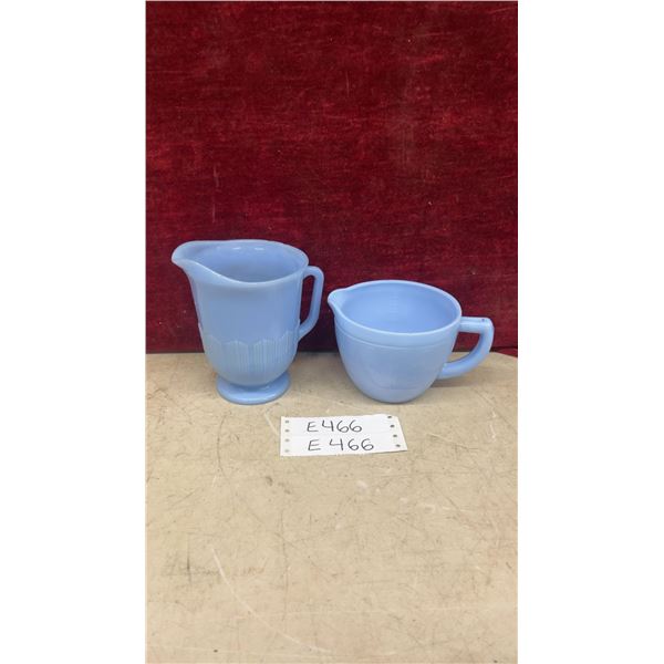 Jeannette Glass Delphite Blue Sunflower Bottom 2-Cup Measuring Cup and Creamer, 1930s