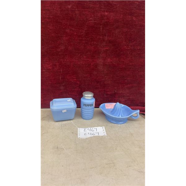 Vintage Pyrex Delphite Blue Glass Ribbed Lid Refrigerator Dish, Pepper Shaker, Juicer