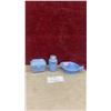 Image 1 : Vintage Pyrex Delphite Blue Glass Ribbed Lid Refrigerator Dish, Pepper Shaker, Juicer