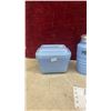Image 2 : Vintage Pyrex Delphite Blue Glass Ribbed Lid Refrigerator Dish, Pepper Shaker, Juicer