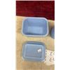Image 4 : Vintage Pyrex Delphite Blue Glass Ribbed Lid Refrigerator Dish, Pepper Shaker, Juicer