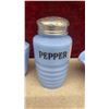 Image 6 : Vintage Pyrex Delphite Blue Glass Ribbed Lid Refrigerator Dish, Pepper Shaker, Juicer