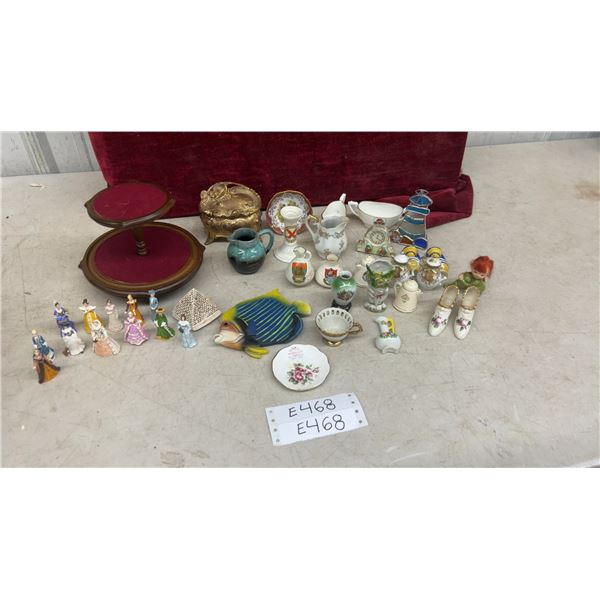 Miniature Figurines, Display Stand, Ceramic Souvenir Pitcher, Porcelain Teaware, and More