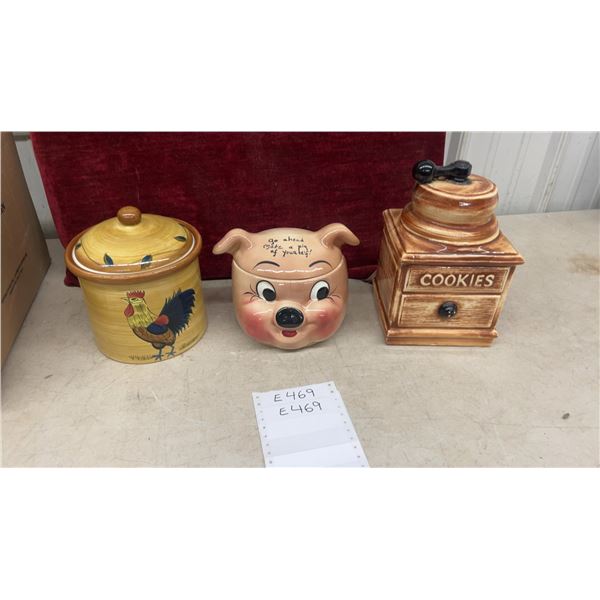 Three Ceramic Cookie Jars: Rooster, Pig "Make a Pig of Yourself" and Coffee Grinder