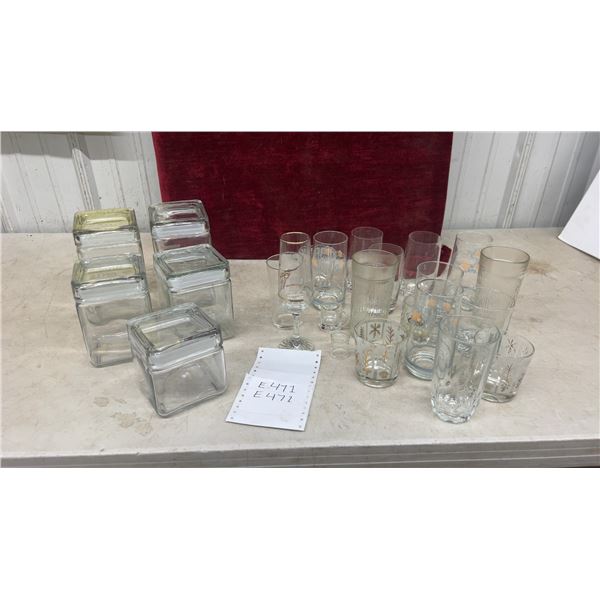5 Square Glass Storage Canisters, Assorted Drinking Glasses, Tumblers, and More