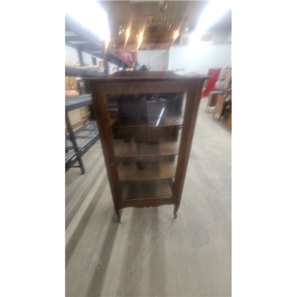Antique Oak Curio Display Cabinet with Glass Door, Glass Shelves, and Carved Crest 60 x 28 x 13"