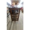 Image 1 : Antique Oak Curio Display Cabinet with Glass Door, Glass Shelves, and Carved Crest 60 x 28 x 13"