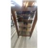 Image 5 : Antique Oak Curio Display Cabinet with Glass Door, Glass Shelves, and Carved Crest 60 x 28 x 13"